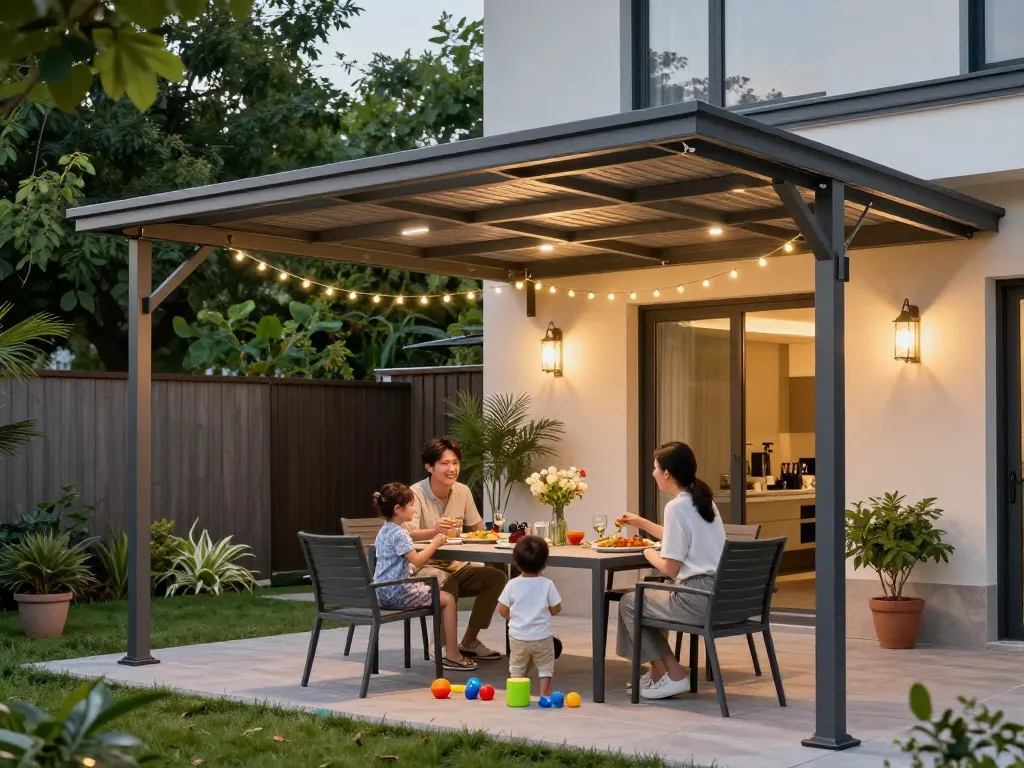 Familie genießt das Abendessen unter einer stilvollen Terrassenüberdachung mit stimmungsvollem Licht und Gartenumgebung.