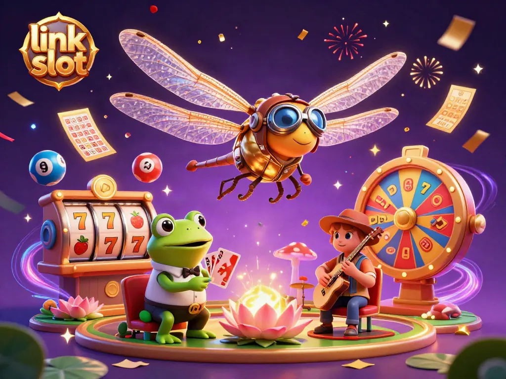 Experience the thrill of link slot at a vibrant lily pad casino with a dragonfly pilot and frog dealer.