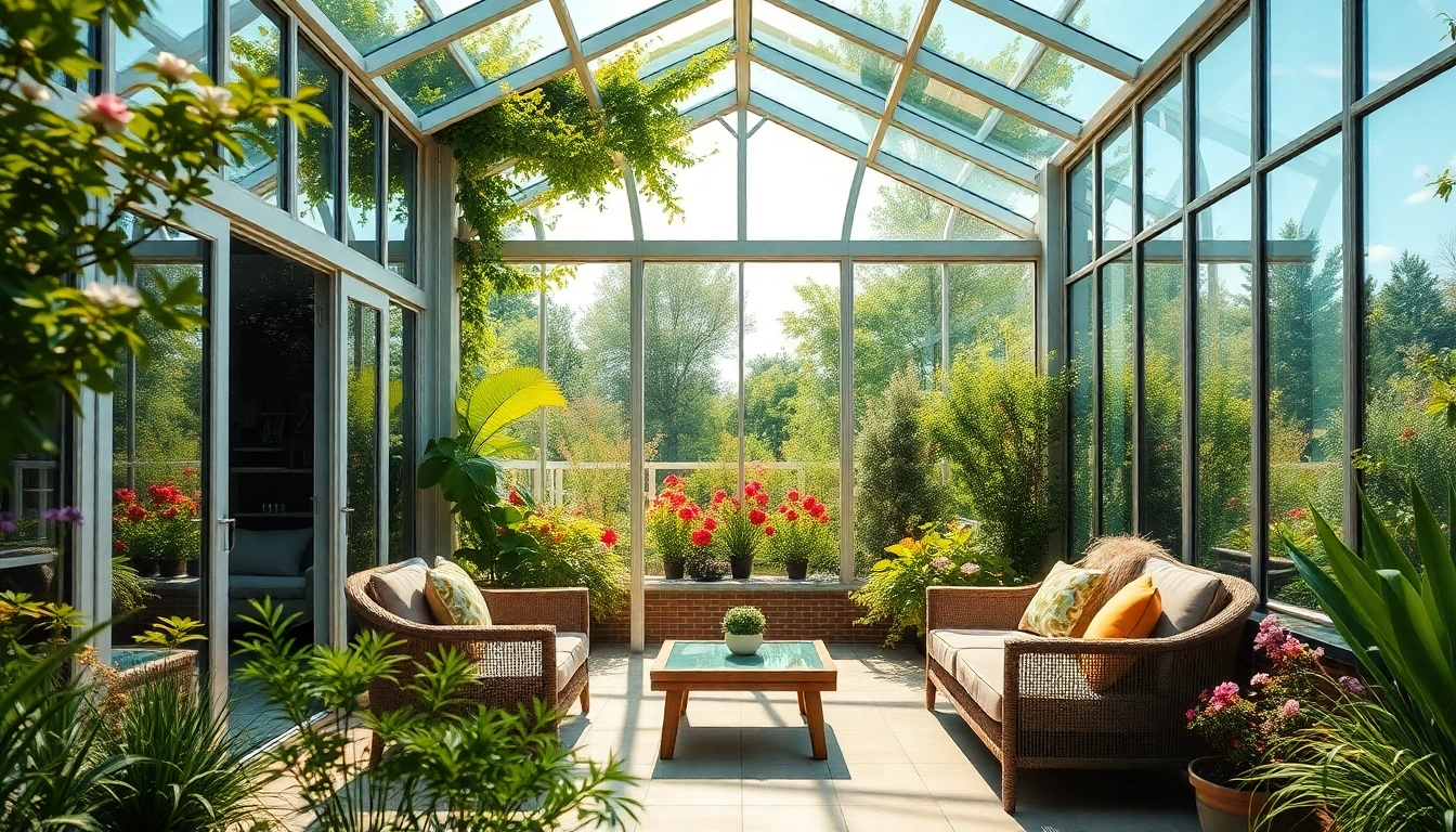 Wintergarten in einem schoenen Garten, der Eleganz und Transparenz ausstrahlt.