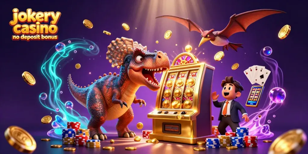 Experience the thrill of jokery casino no deposit bonus with a vibrant 3D casino scene featuring wild characters and dynamic game elements.