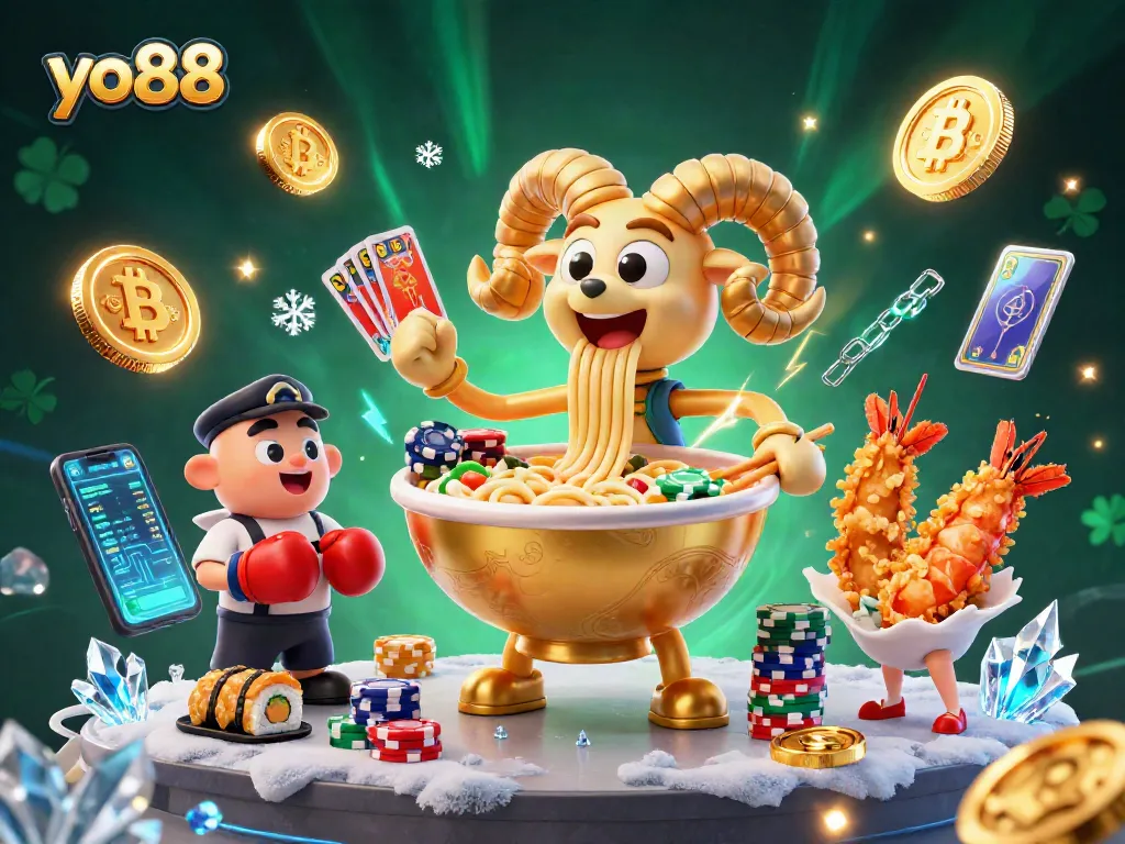 Experience thrilling fish shooting fun with yo88 image featuring a cartoon ramen bowl and vibrant casino elements.