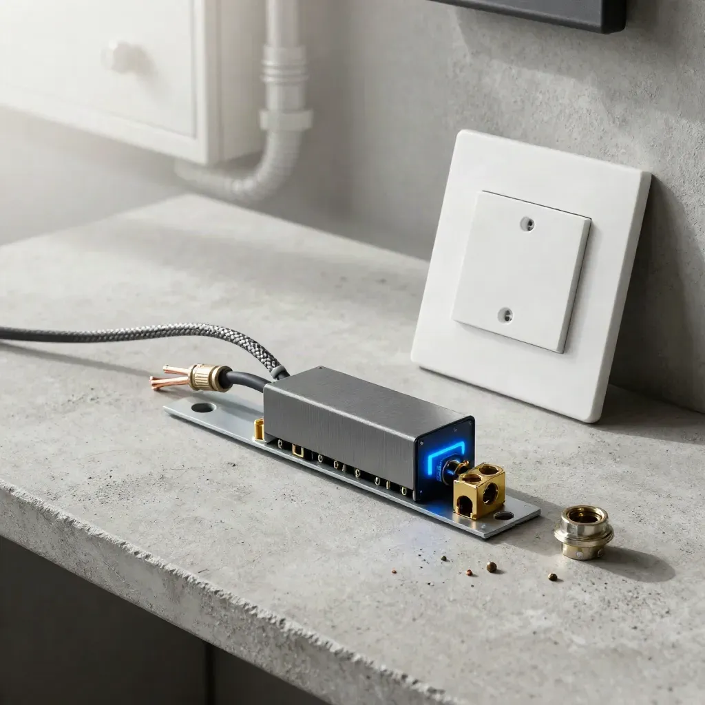 Smart-Home-Relais, Schalterplatte und Kabel auf hellem Beton im Morgenlicht