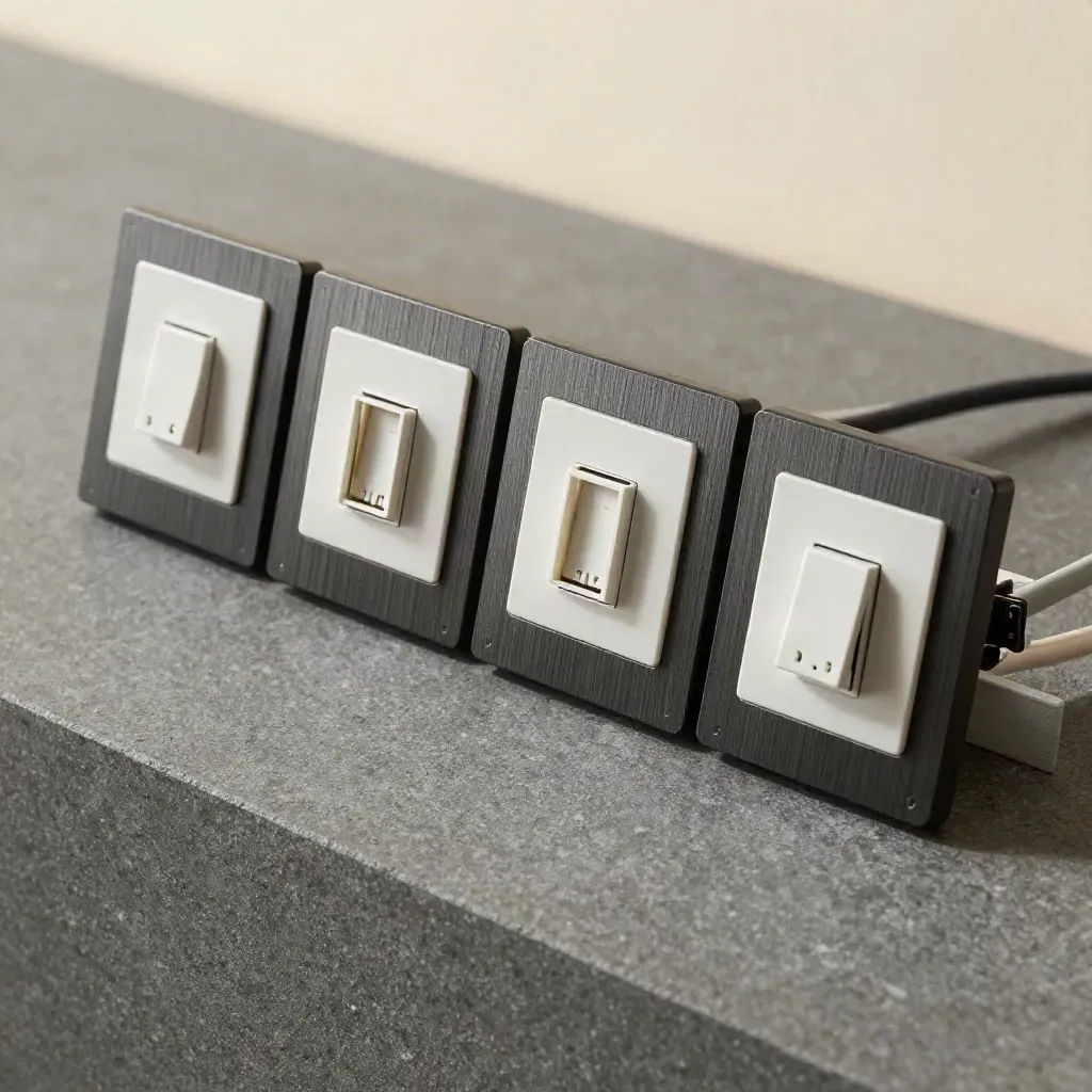 Smart-Home-Schaltermodule und Kabel auf dunklem Stein in makro-naher Draufsicht