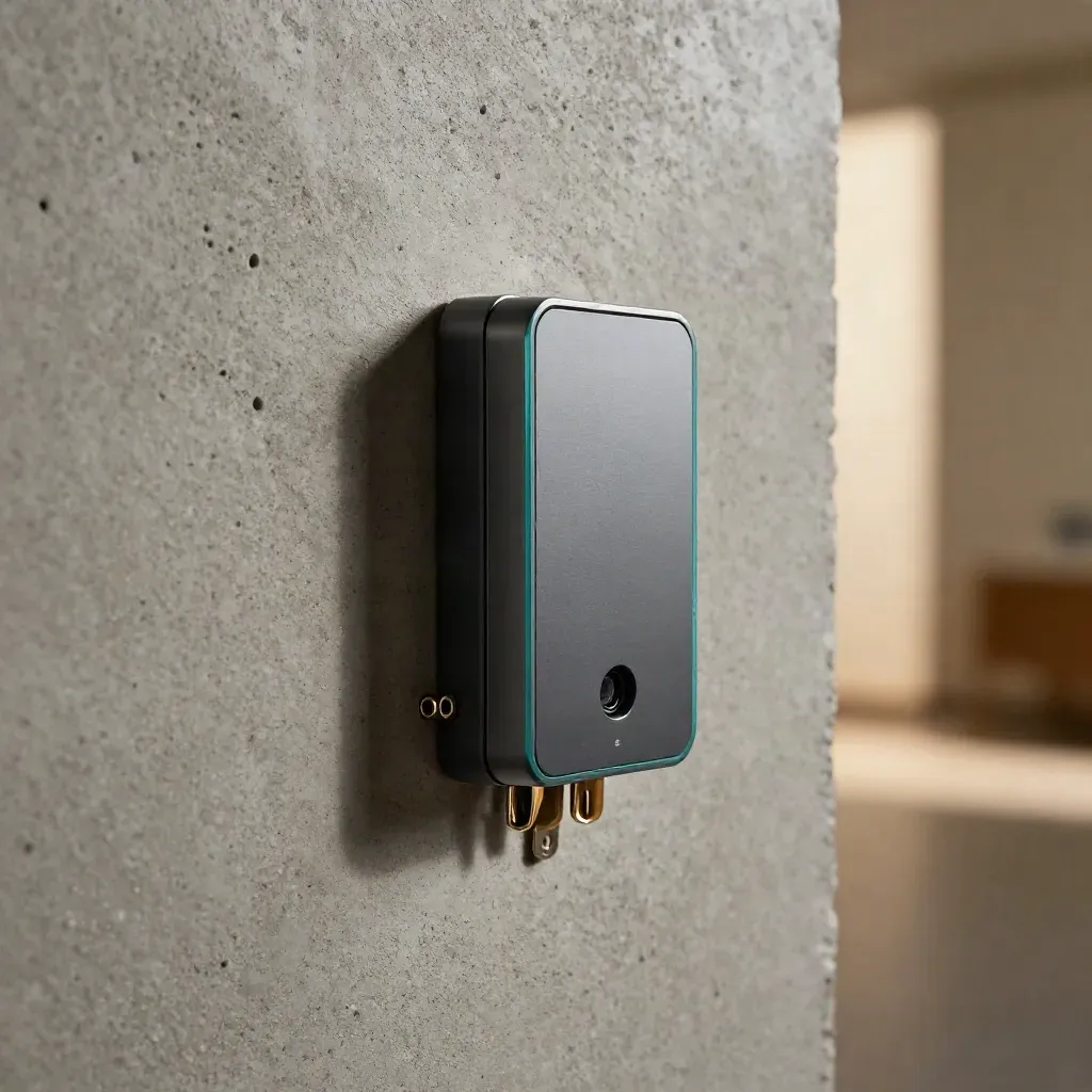Motion-Sensor, Kabelclips und Wandrelais auf Beton im dramatischen Studio-Licht