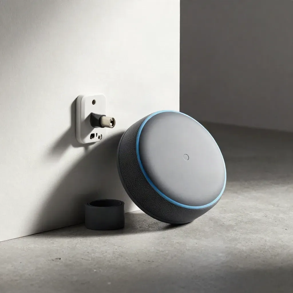 Smart-Lautsprecher, Steckdose und Kabelclip auf grauem Stein im dramatischen Licht.