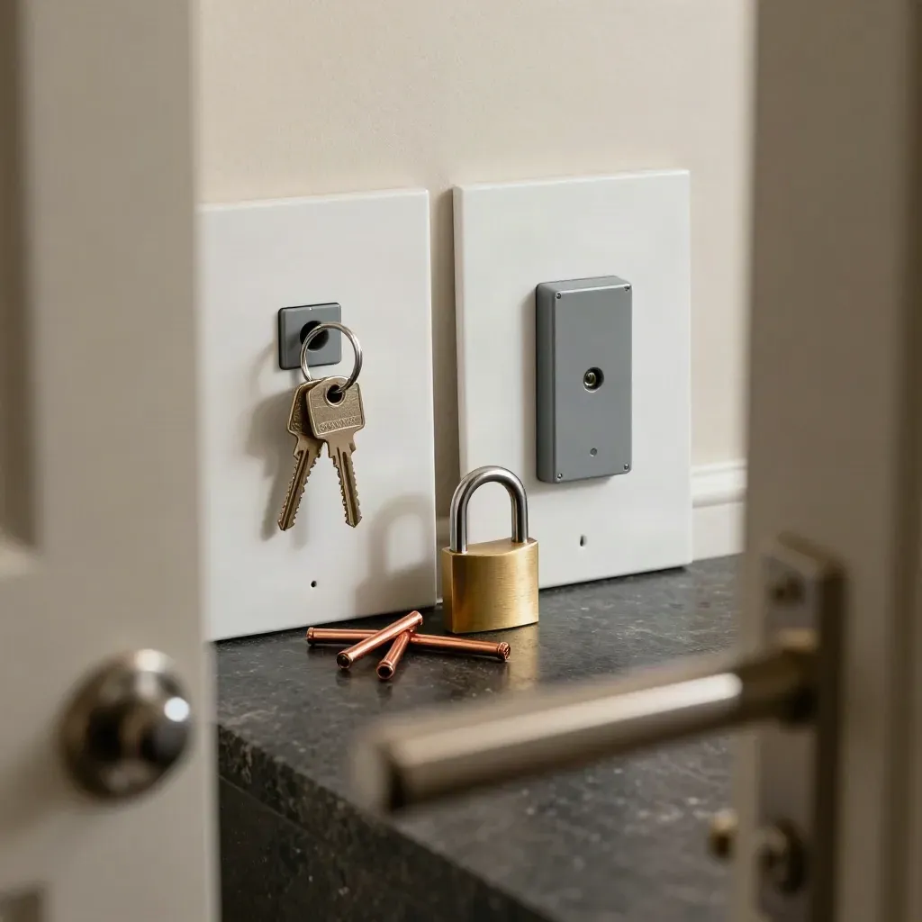 DIN-Schienen-Module, Schlüsselring, Schloss und Wandplatten auf dunklem Stein