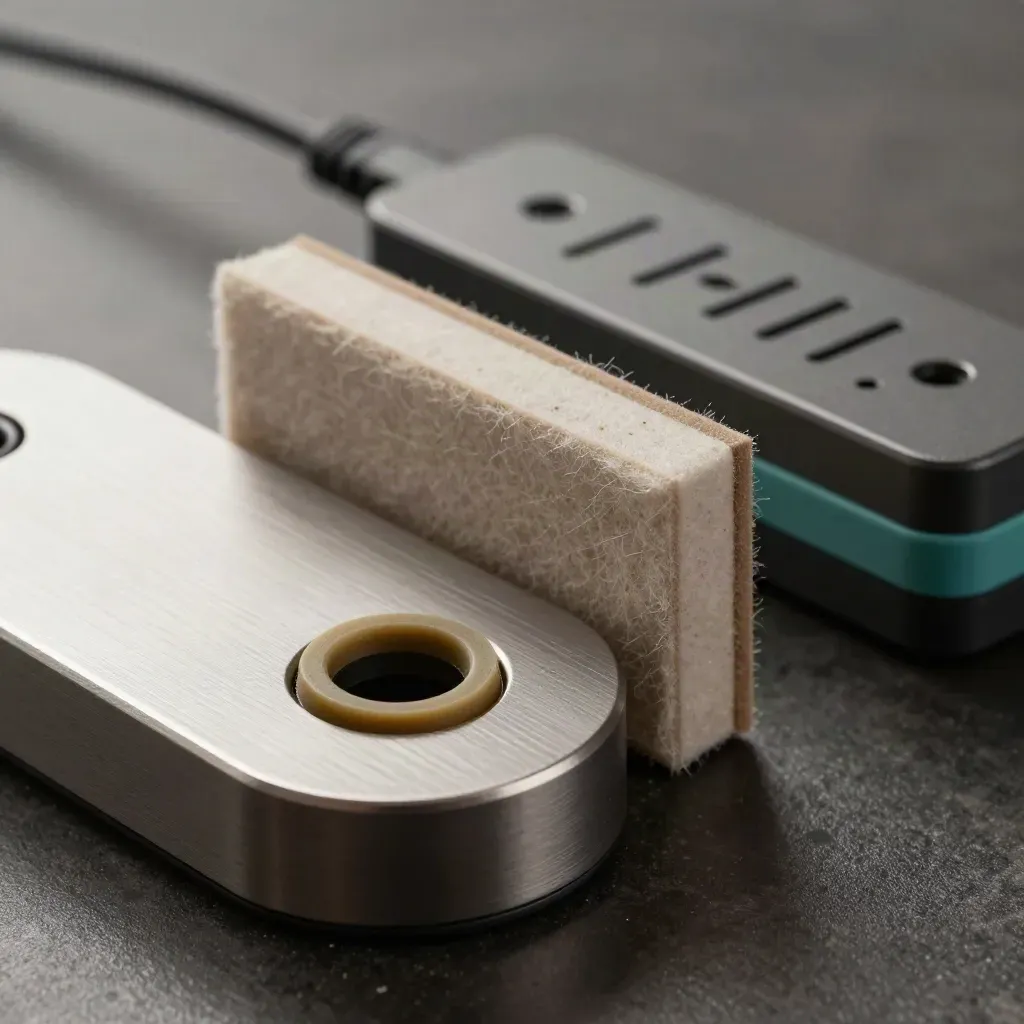 Brushed-Metal-Hub, Kabeldurchführung, Akustikprobe und Steckdosenleiste auf dunkler Tischfläche