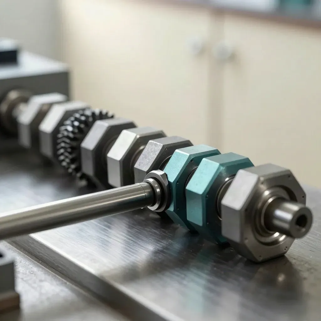 Makro von Zahnradgetriebe, Hex-Kupplungen und Verbindungsstange auf gebürstetem Metall.