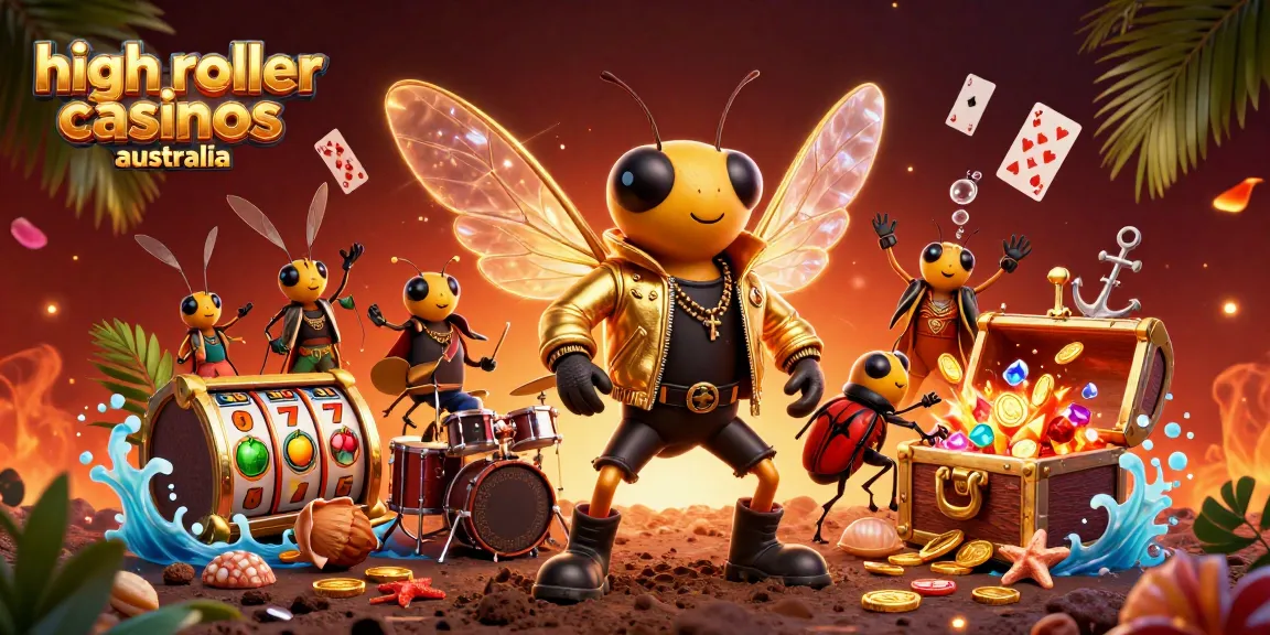 Engage in high roller casinos australia with a vibrant 3D scene featuring slot reels and a lively ensemble.