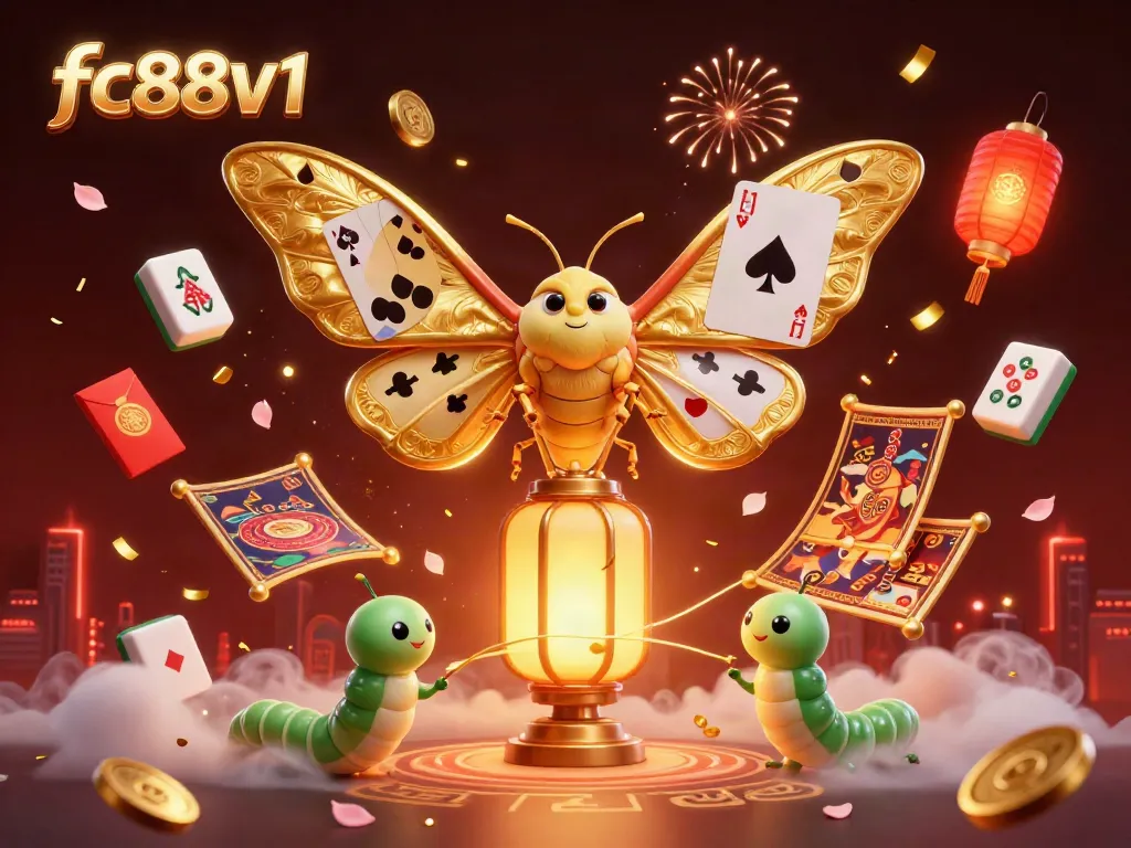 Experience the enchanting world of fc88v1 featuring a golden atlas moth amid casino elements, vibrant and captivating.