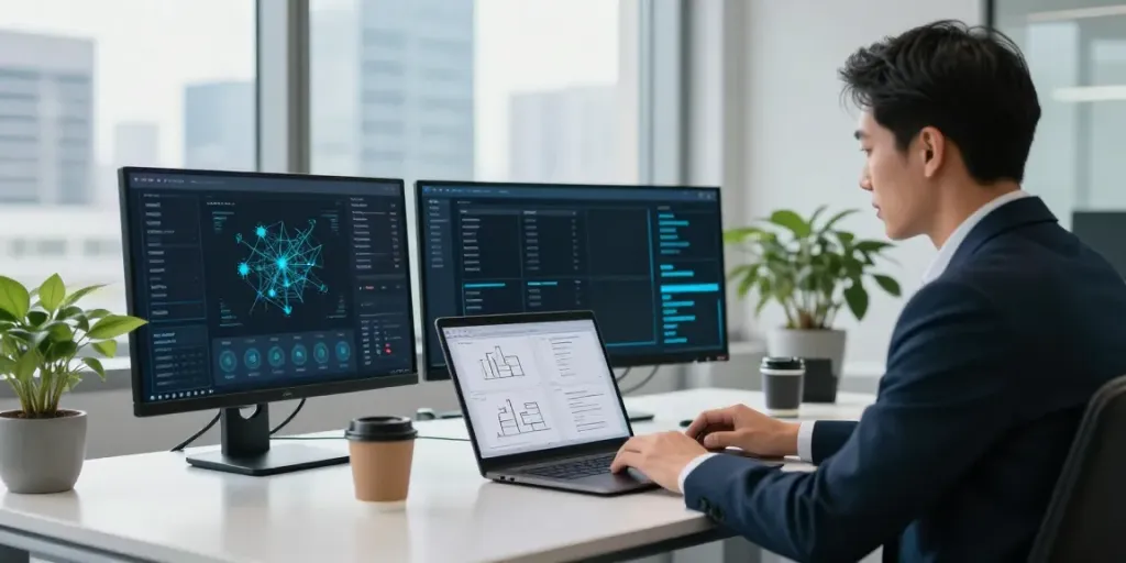 IT-Sicherheitsberatung in einem modernen Büro mit Sicherheitsanalysen auf Monitoren