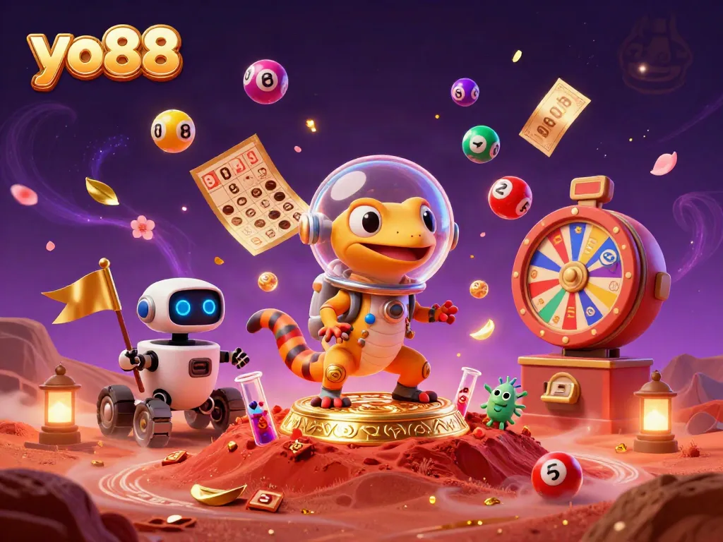 Engage with yo88's vibrant digital casino realm as a Martian gecko discovers treasures on Mars.