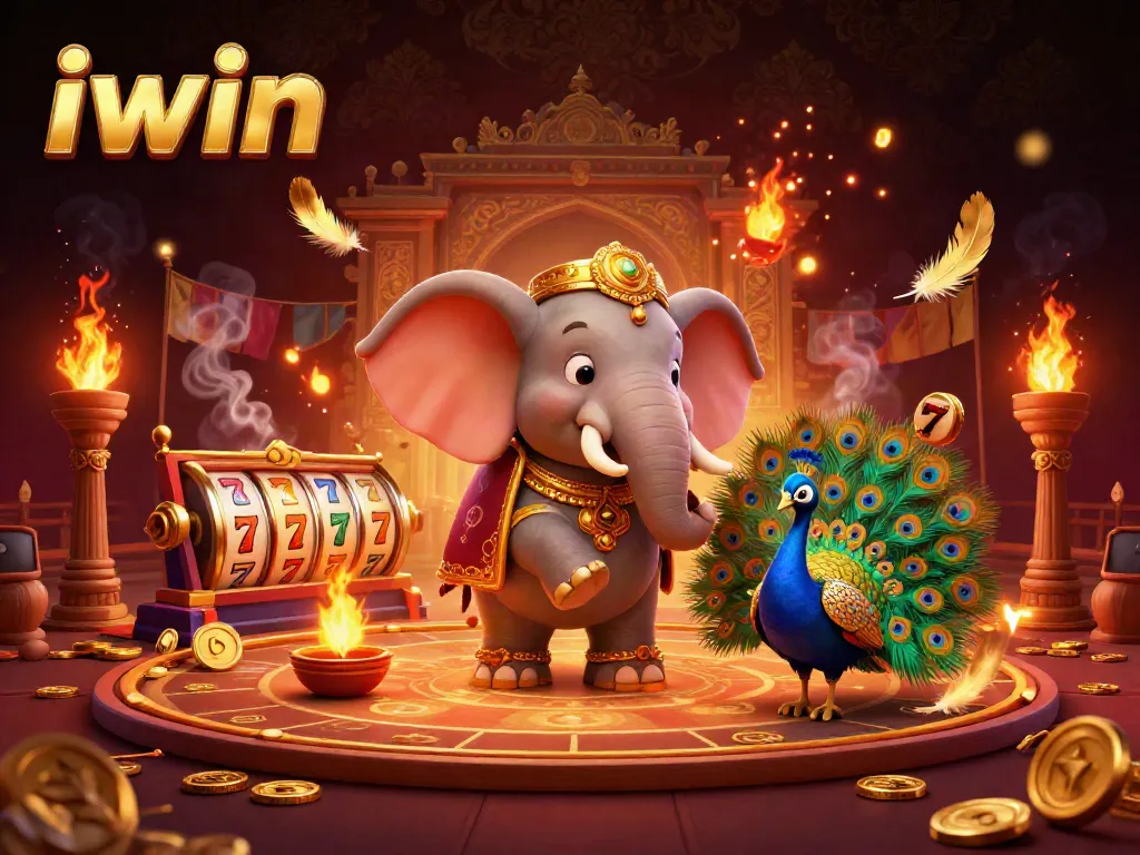 Engage with iwin gaming through vibrant 3D artwork showcasing a Diwali-themed elephant and peacock in a rich casino scene.