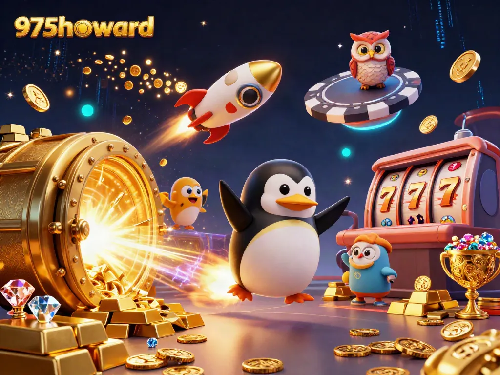 Experience the thrilling universe of 975howard with a golden penguin and a poker chip space station.