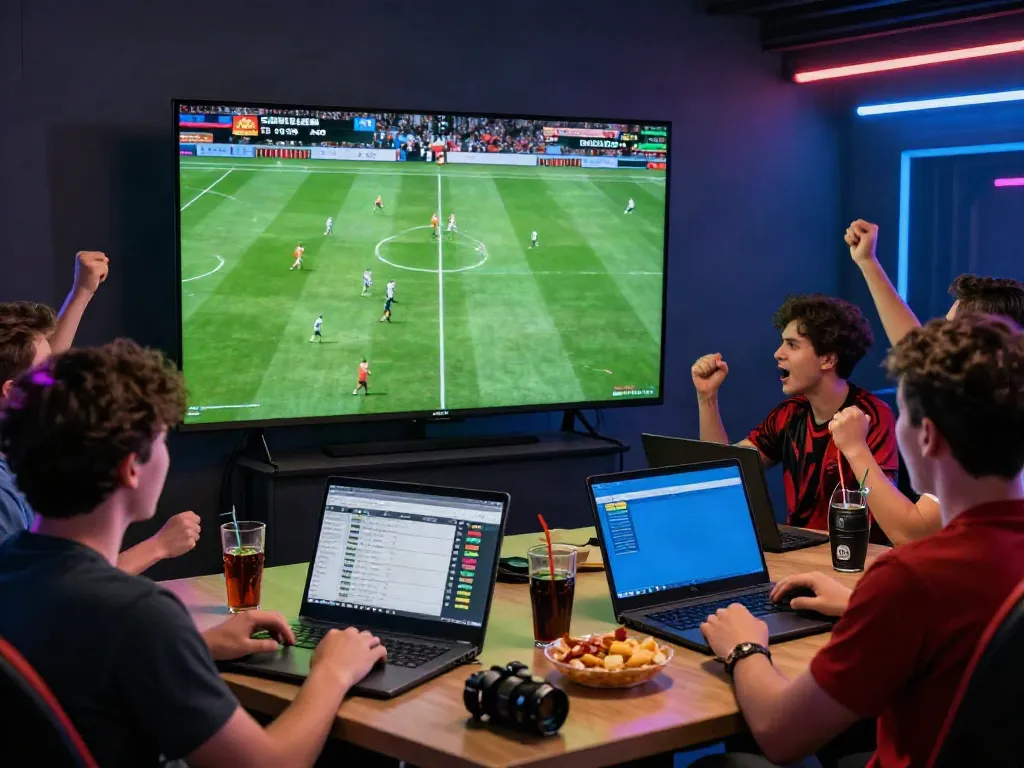 Diverse friends enjoying online betting on SV88 during a live football match, showcasing excitement and camaraderie.