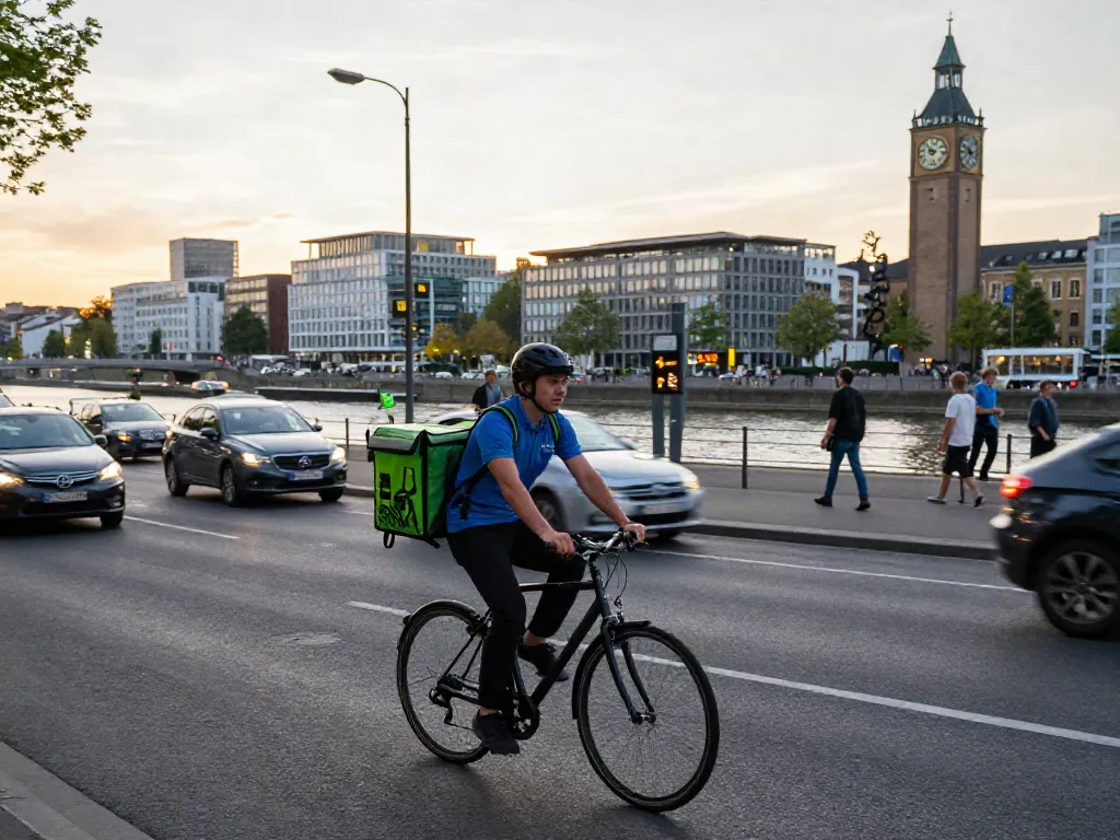Kurierdienst in Düsseldorf: Fahrradkurier navigiert schnell durch die Stadt.