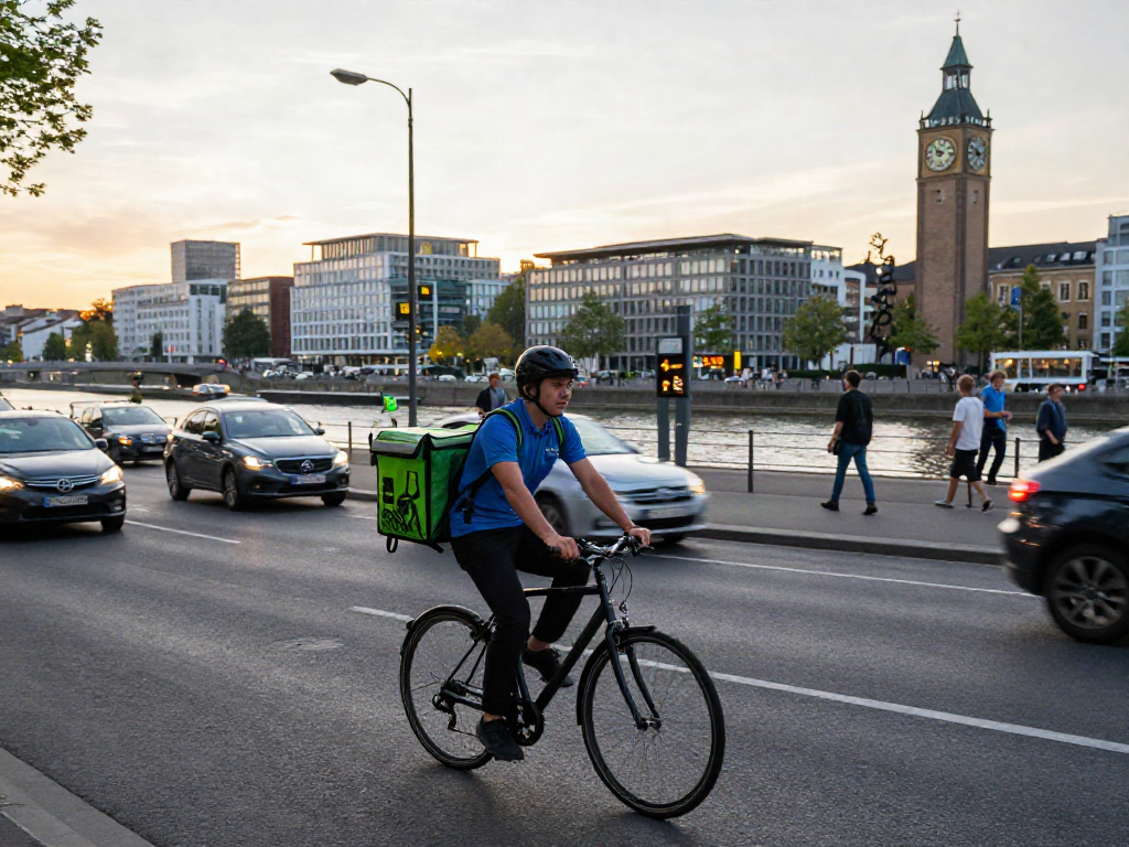 Kurierdienst in Düsseldorf: Fahrradkurier navigiert schnell durch die Stadt.