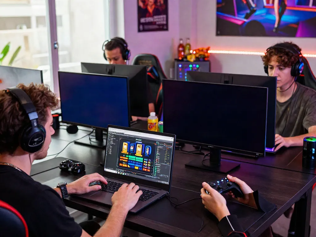 Gamers enjoying DA88's online platform with laptops and smartphones in a lively atmosphere.