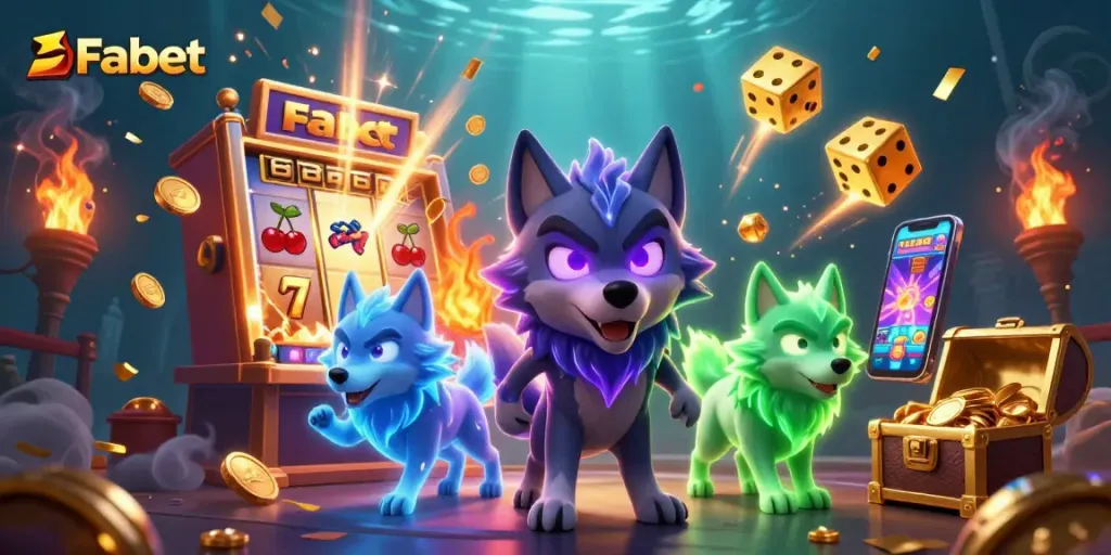 Experience thrilling wins with Fabet at the casino, illustrated with vibrant energy and engaging elements.