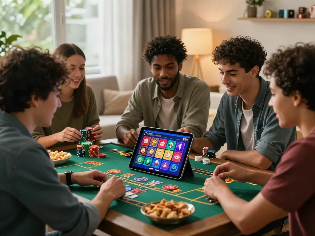 Friends enjoying live casino games on https://iwinnk.jp.net/ in a cozy home setting.