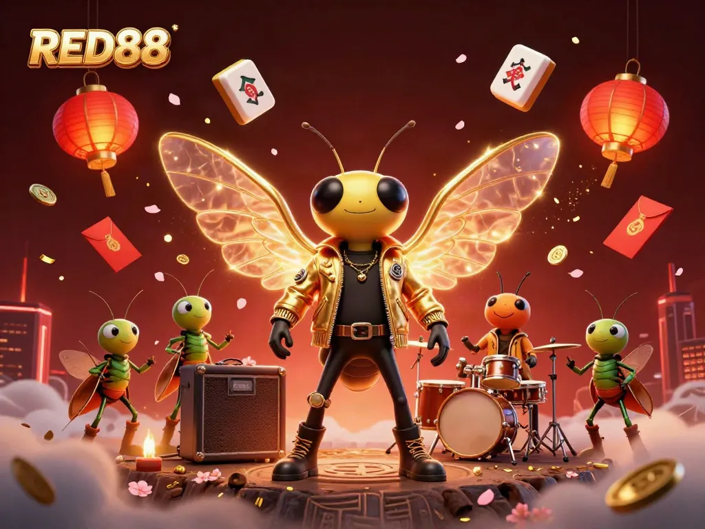 Experience excitement at RED88 with a vibrant cartoon scene showcasing a cicada rock star and gaming elements.