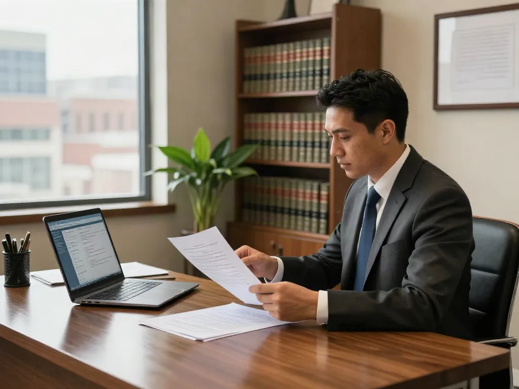DUI lawyer in Marietta GA focused on legal documents at modern office desk.
