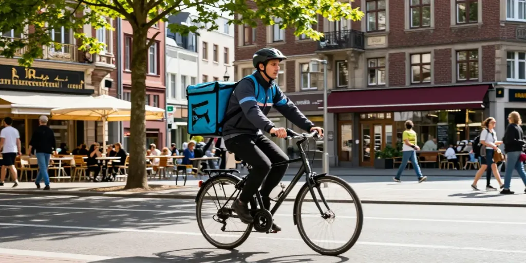 Kurierdienst in Düsseldorf - schneller Fahrradkurier auf der Straße mit Lieferbeutel.