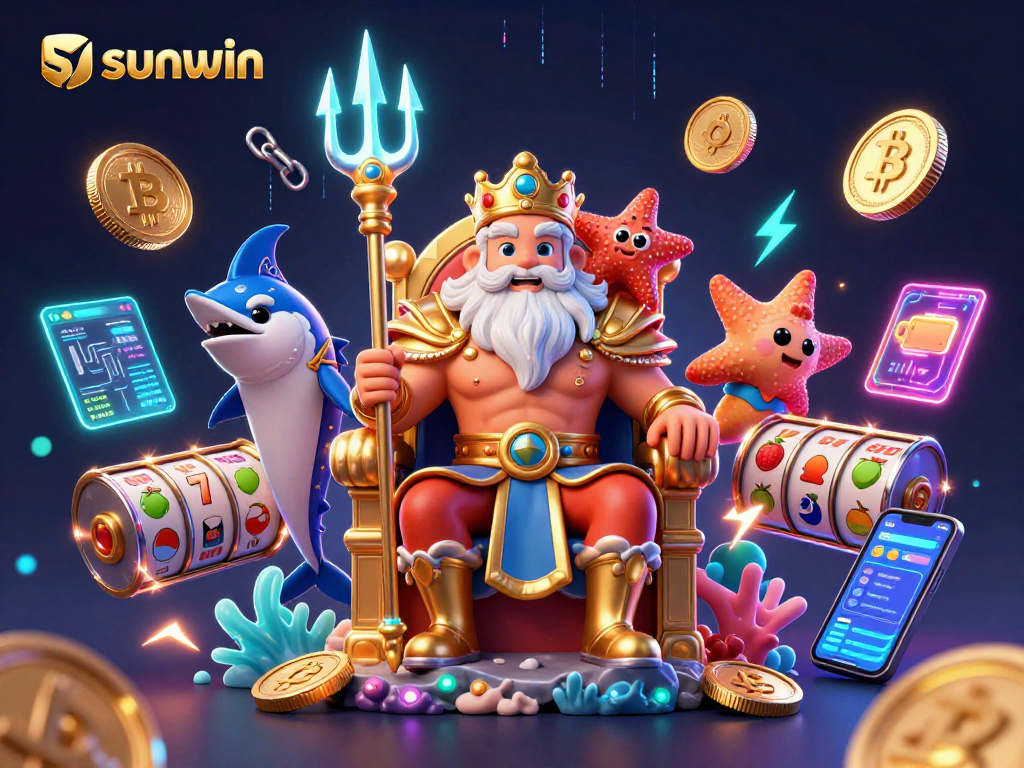 Engage with sunwin's vibrant 3D illustration of Neptune and crypto elements, signaling innovative gaming.