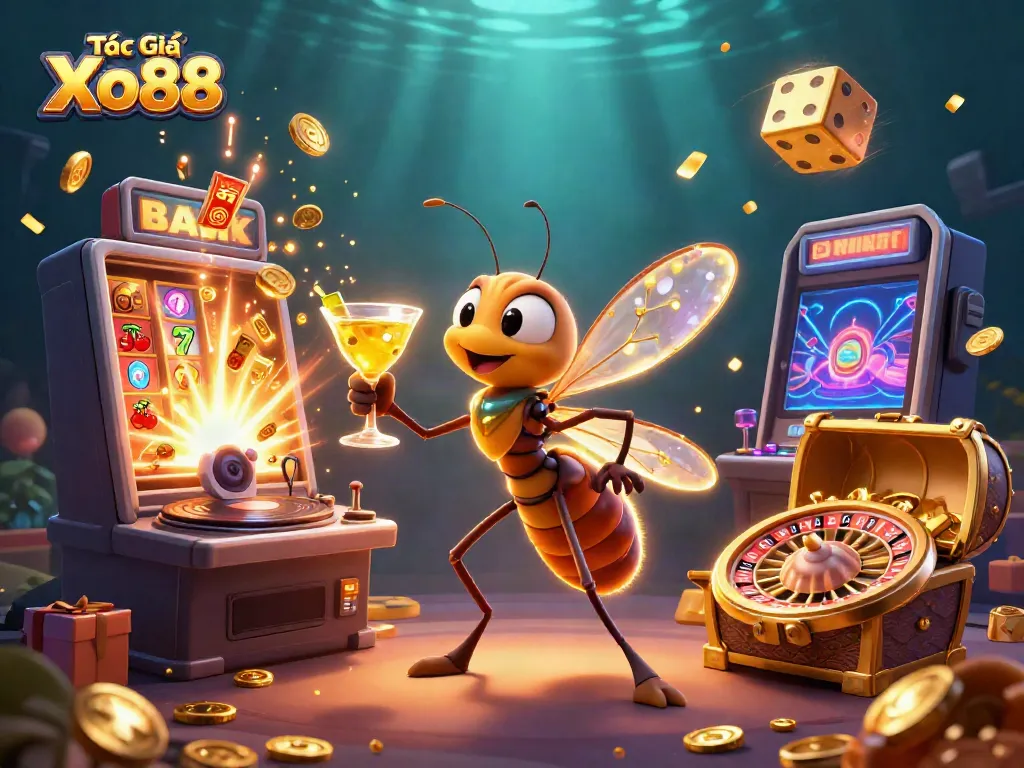 Engage with Tác Giả Xo88 in a thrilling casino scene with mascots, jackpots, and vibrant casino elements.