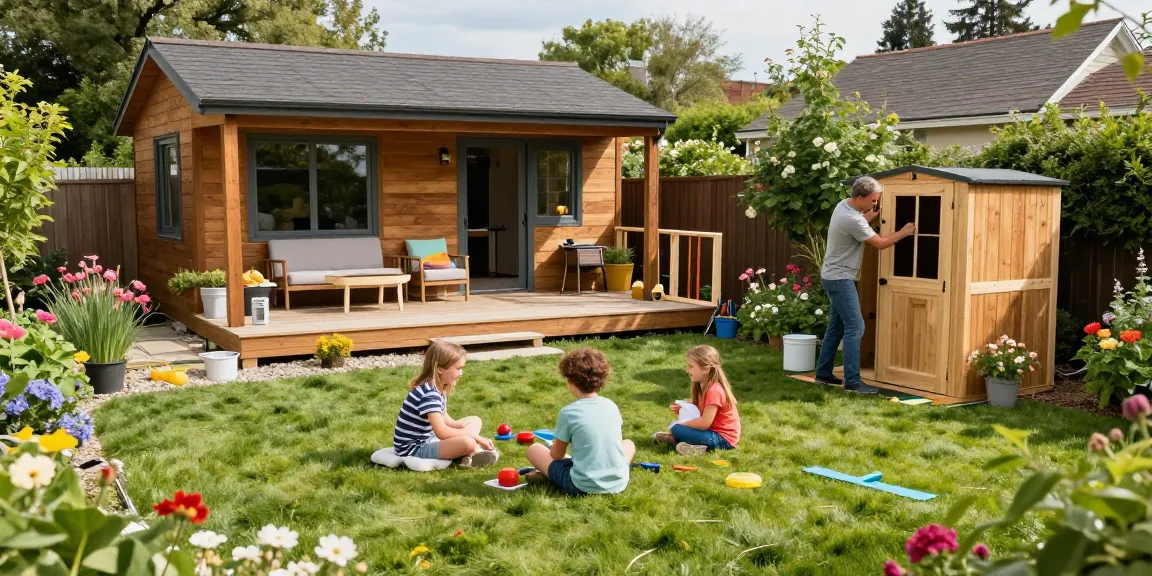 Gartenhaus kaufen: Attraktives Gartenhaus in schönem Garten mit Familie und DIY-Projekt