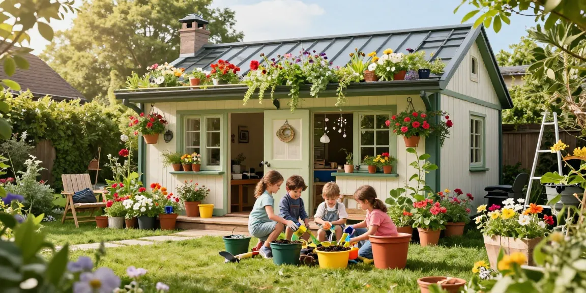 Ein Garten Haus umgeben von Blumen, Familie genießt den sonnigen Nachmittag im Freien.