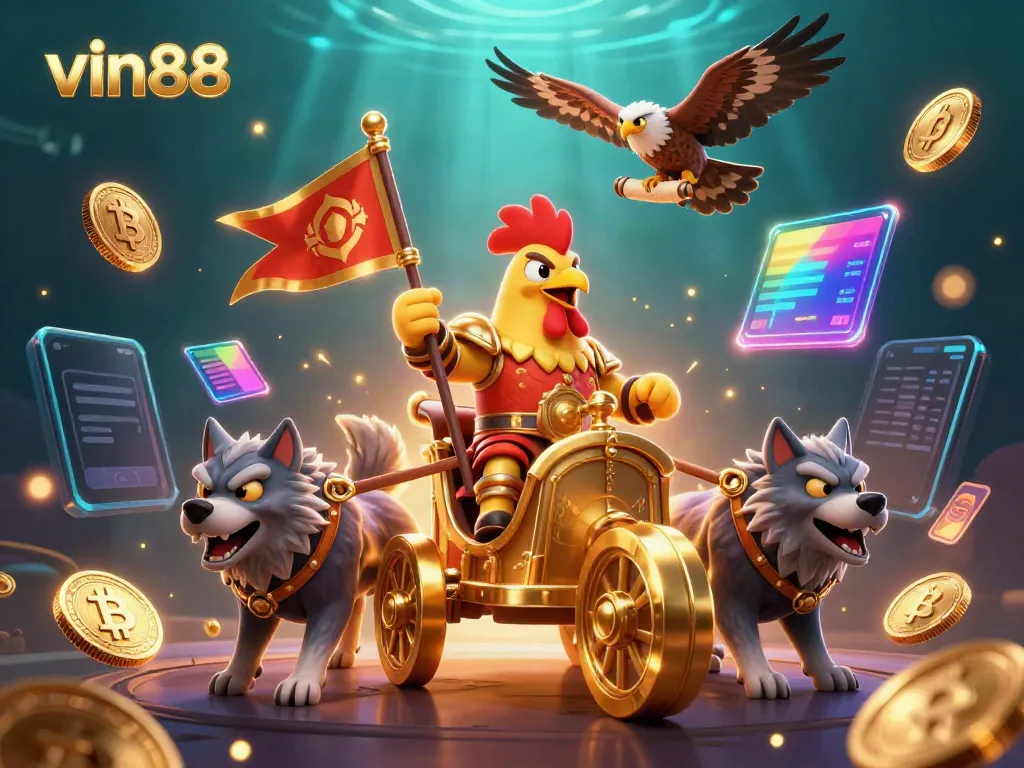 Experience thrilling wins at vin88 with a cartoon rooster warlord leading a digital casino adventure.