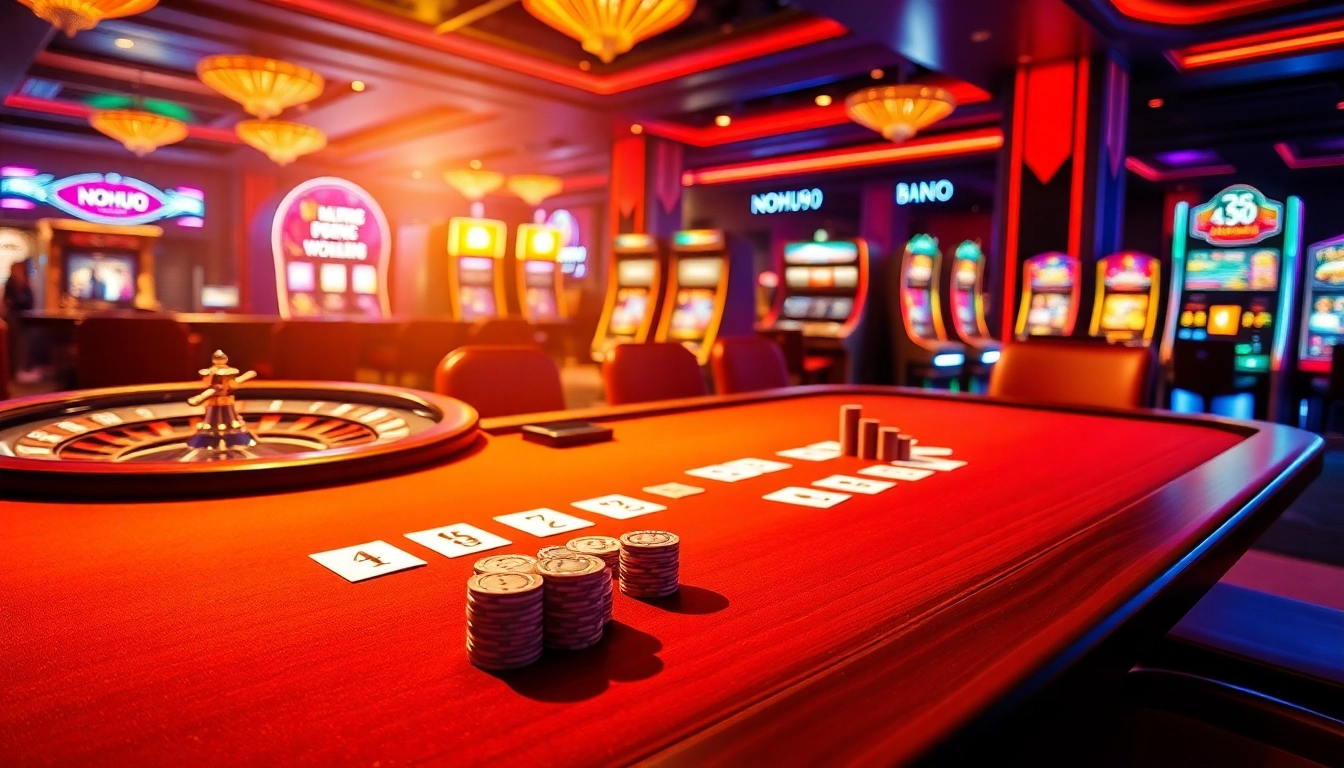 Engage with NOHU90's gaming excitement at a luxury casino featuring poker and roulette.