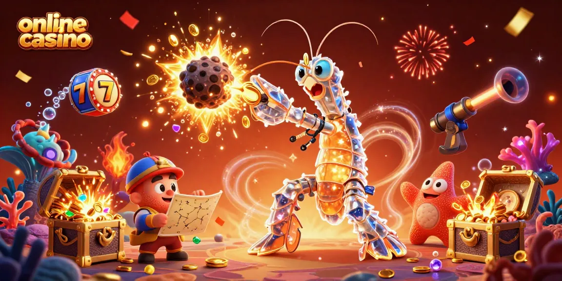 Experience the thrill of winning at an online casino with a dynamic scene of vibrant characters and colorful gems.
